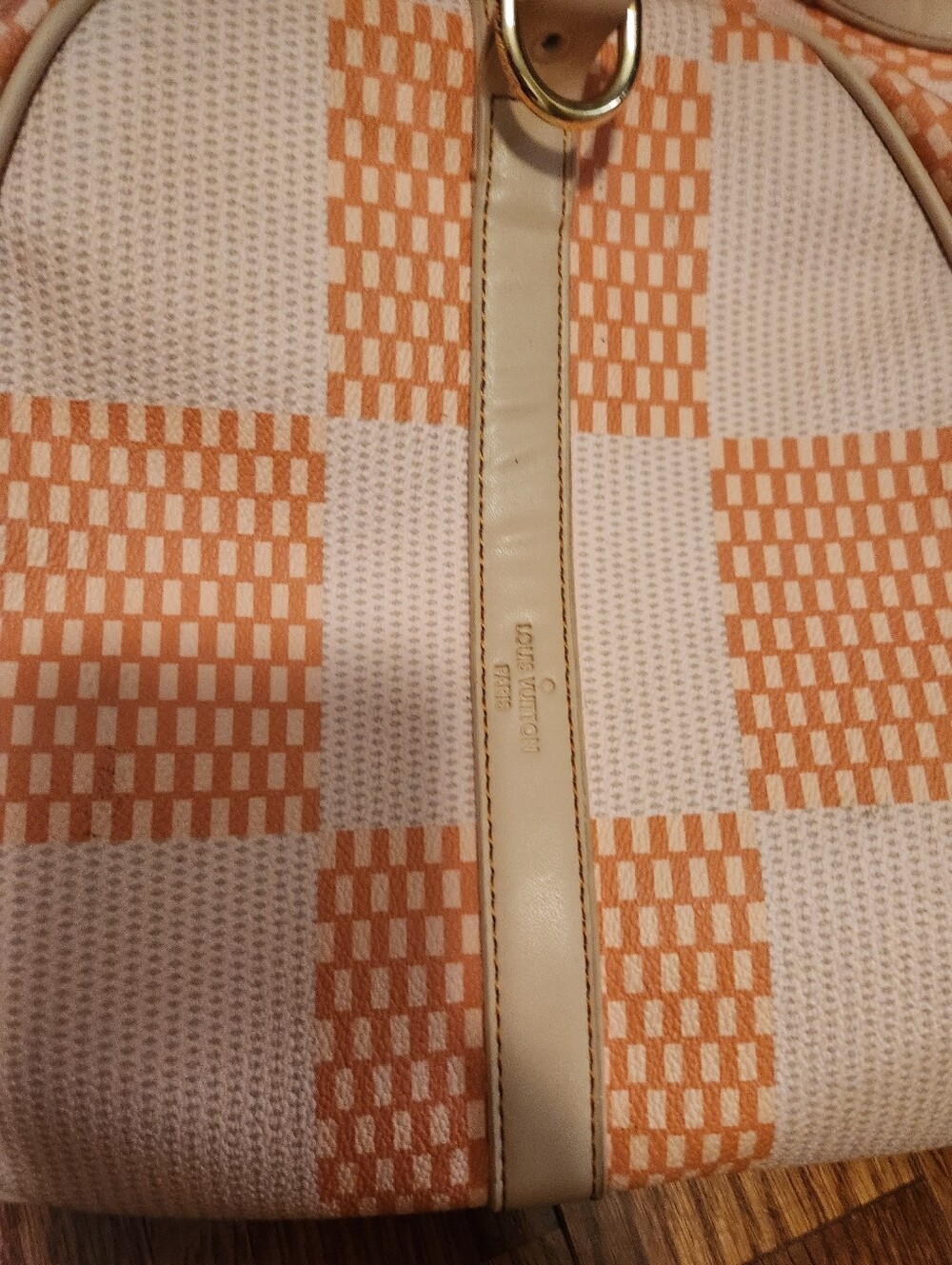 Designer-Inspired Orange Check Canvas Tote Bag with Cream Trim Louis - Picture 2 of 6
